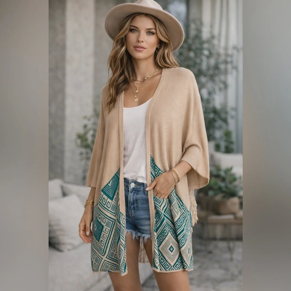 Umgee Boho Crochet Back Fringe Kimono Cardigan | Oversized (1157)
